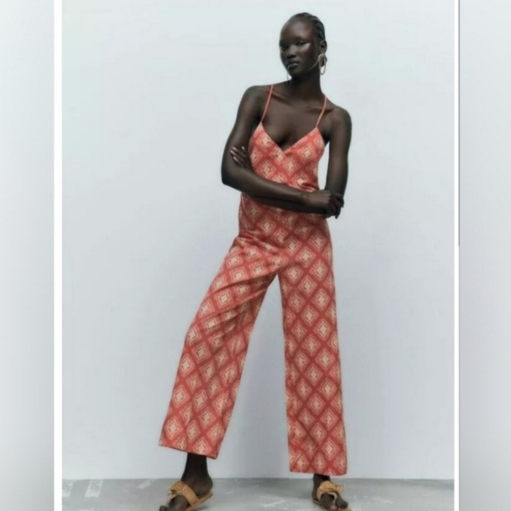 ZARA LONG PRINT JUMPSUIT TERRACOTTA - Size L